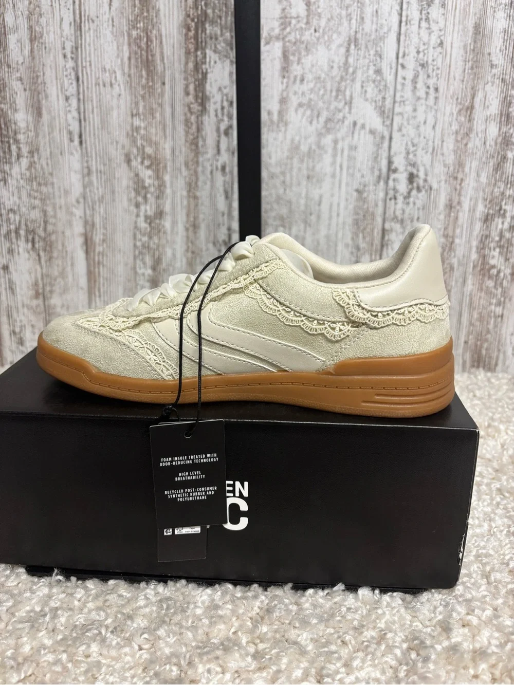Madden NYC Women’s Cream Lace-Trim Sneaker with Gum Sole